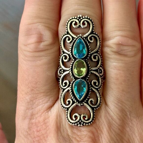 Trio Gem Elegance – Silver Ring with Blue Topaz & Peridot Teardrops Size 9 New - Picture 6 of 6